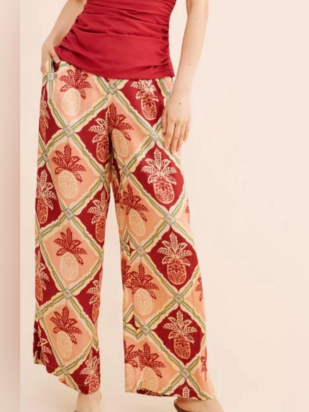 FARM Rio for Anthropologie pineapple satin wide leg palazzo pants size large - Picture 3 of 16
